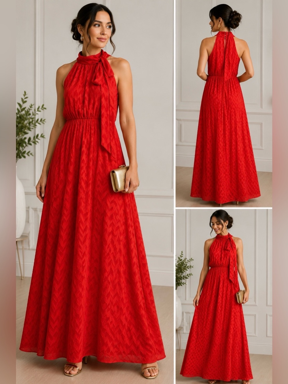 Sachin + Babi Red Textured Halter Neck Maxi Dress Size 8